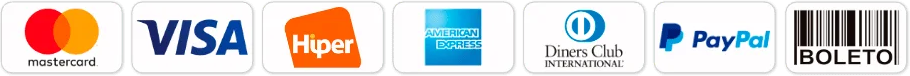 Pagamento com Mastercard, Visa, Hipercard, American Express, Diners Club, PayPal ou boleto